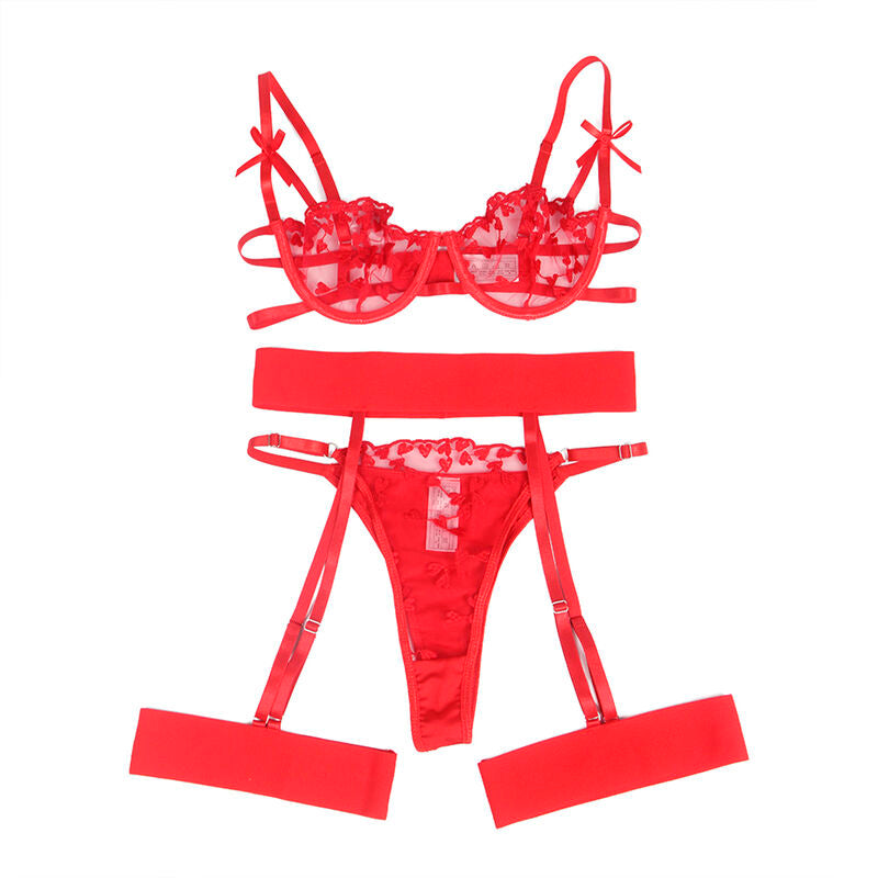 SUBBLIME - 954321 SUJETADOR + TANGA + LIGUERO ESTAMPADO CORAZONES ROJO S/M