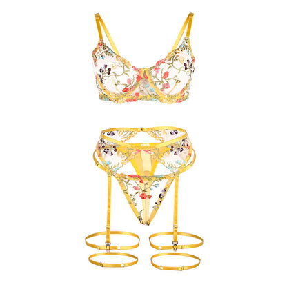 SUBBLIME - 954345 SUJETADOR + TANGA + LIGUERO DISEÑO FLORAL AMARILLO S/M