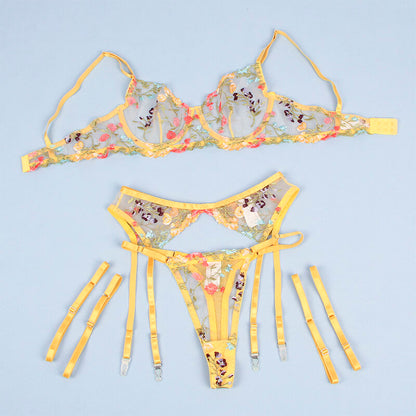 SUBBLIME - 954345 SUJETADOR + TANGA + LIGUERO DISEÑO FLORAL AMARILLO S/M
