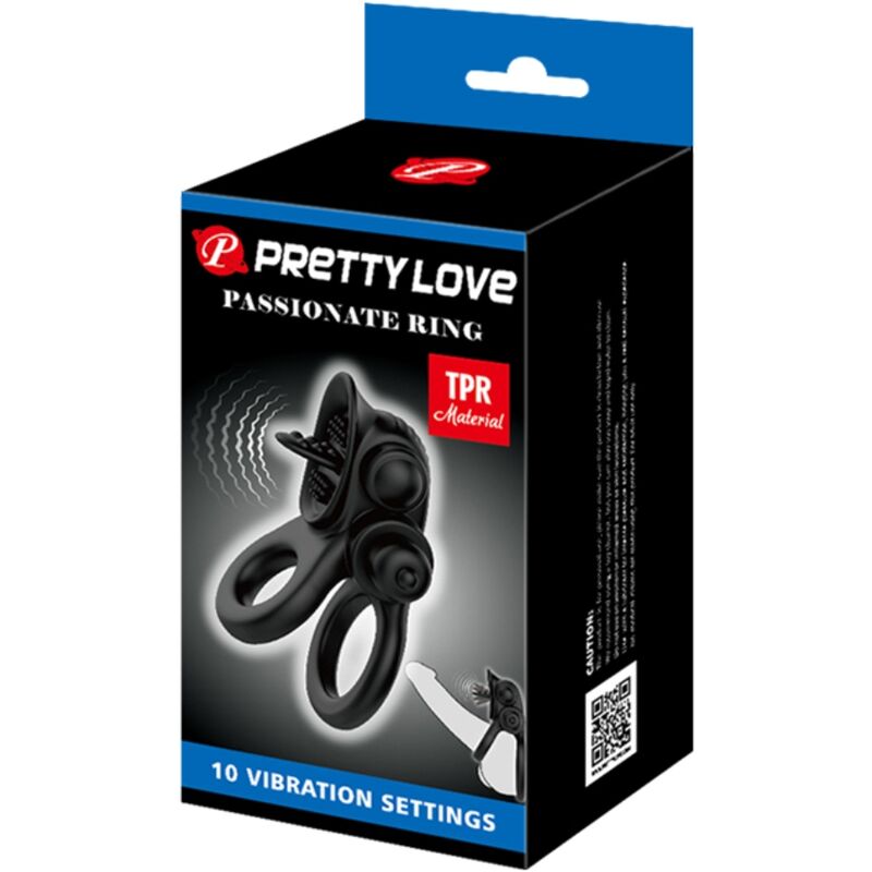 PRETTY LOVE - ANILLO PASSIONATE ANILLO VIBRADOR DOBLE + ESTIMULADOR DE CLÍTORIS NEGRO