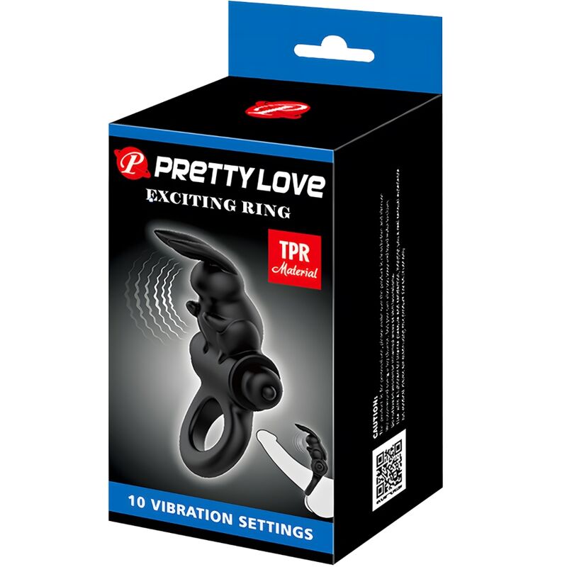 PRETTY LOVE - ANILLO VIBRADOR CONEJO, ANILLO EMOCIONANTE, 10 VIBRACIONES, NEGRO