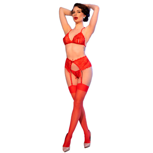 CHILIROSE - CR 4848 CONJUNTO DE SUTIÃ DE RENDA VERMELHA + TANGA + MEIAS S