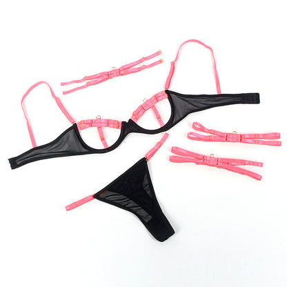 SUBBLIME - 955298 CONJUNTO DE SUJETADOR CON COLLAR Y DETALLES EN PIERNAS ROSA FLUORESCENTE S/M