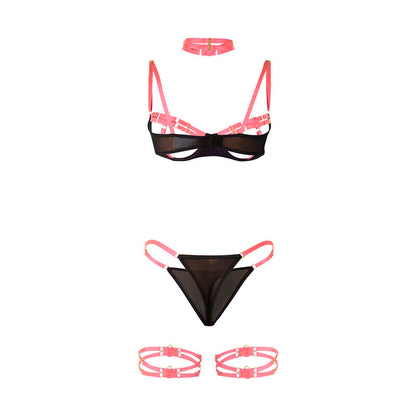 SUBBLIME - 955304 CONJUNTO DE SUJETADOR ROSA FLUORESCENTE CON COLLAR Y DETALLES EN LAS PIERNAS L/XL