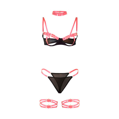 SUBBLIME - 955304 CONJUNTO DE SUJETADOR ROSA FLUORESCENTE CON COLLAR Y DETALLES EN LAS PIERNAS L/XL