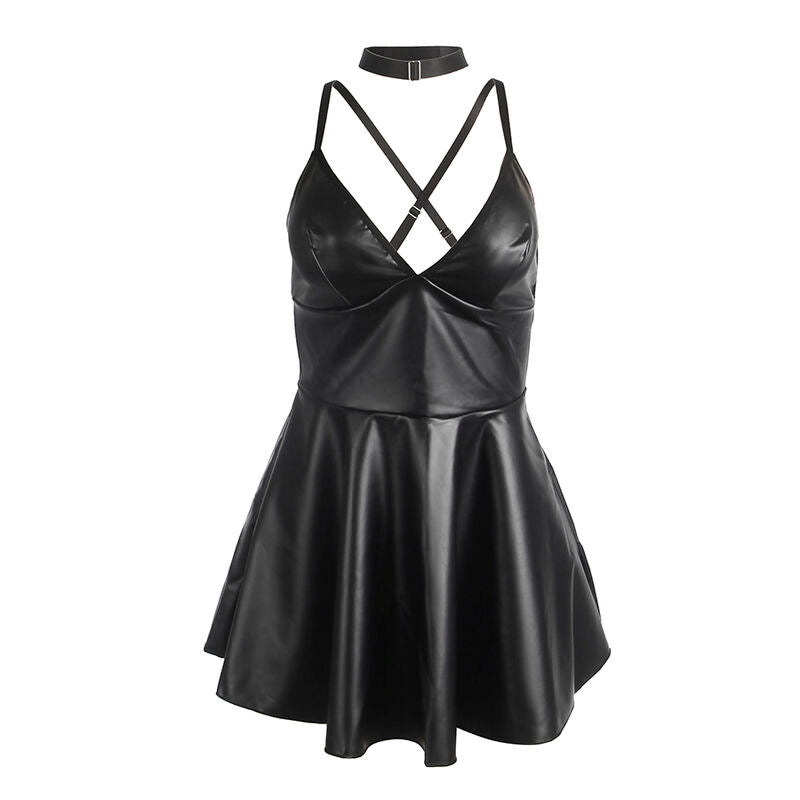 SUBBLIME - 955373 BLACK LEATHER DRESS WITH STRAPS S/M