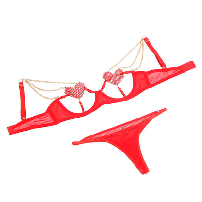 SUBBLIME - 955519 CONJUNTO DE SUJETADOR DE CADENA DE MALLA CON CORAZÓN ROJO S/M