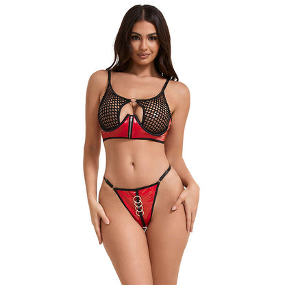 SUBBLIME - 955533 RED LEATHER BRA SET WITH MESH ZIPPER S/M