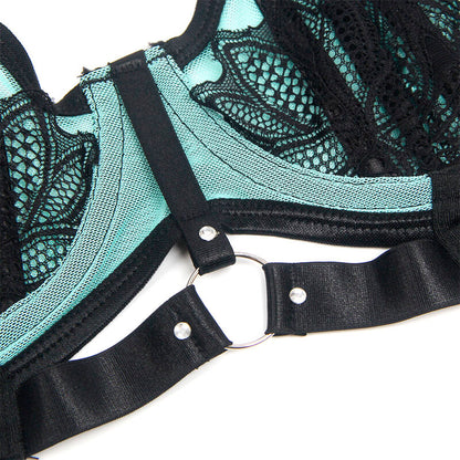 SUBBLIME - 955564 GREEN LEATHER BRA SET WITH MESH ZIPPER L/XL