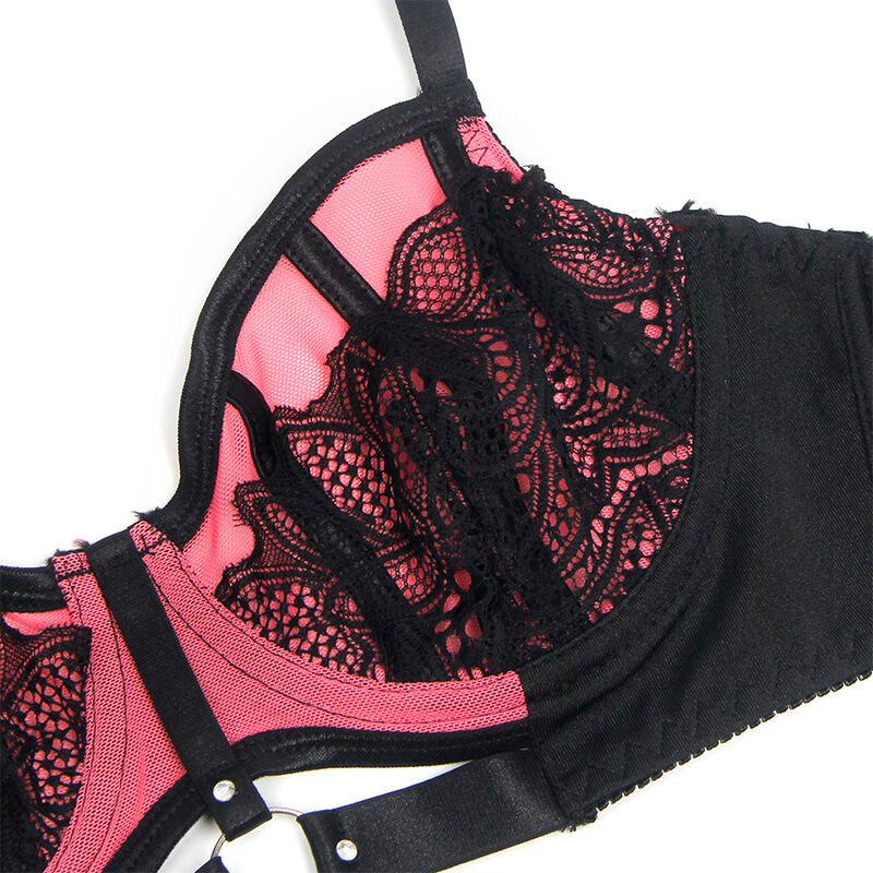SUBBLIME - 955588 GREEN LEATHER BRA SET WITH PINK MESH ZIPPER L/XL