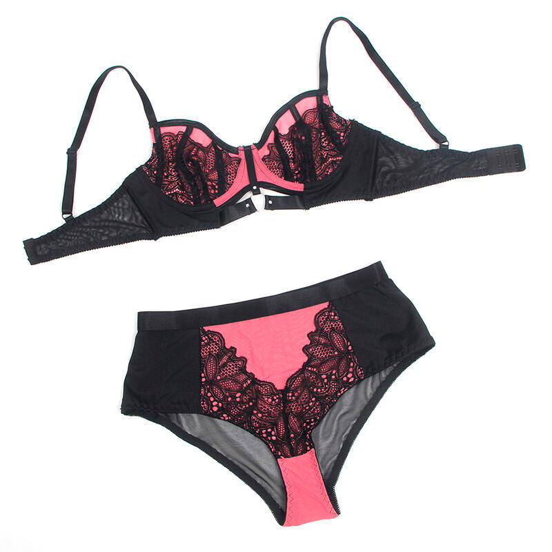 SUBBLIME - 955588 GREEN LEATHER BRA SET WITH PINK MESH ZIPPER L/XL