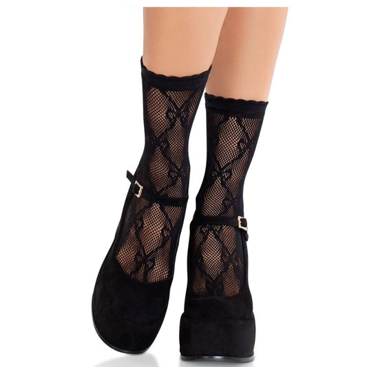 LEG AVENUE - MEIAS DE RENDA PRETA COM LAÇO