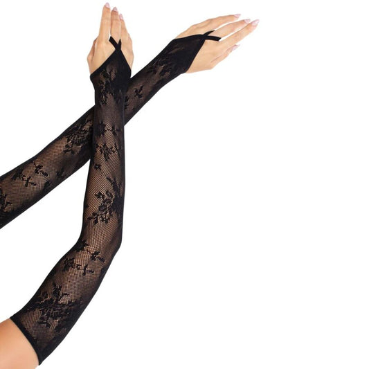 LEG AVENUE - LUVAS EXTRA LONGAS COM RENDA FLORAL E AQUECEDOR DE BRAÇOS PRETAS