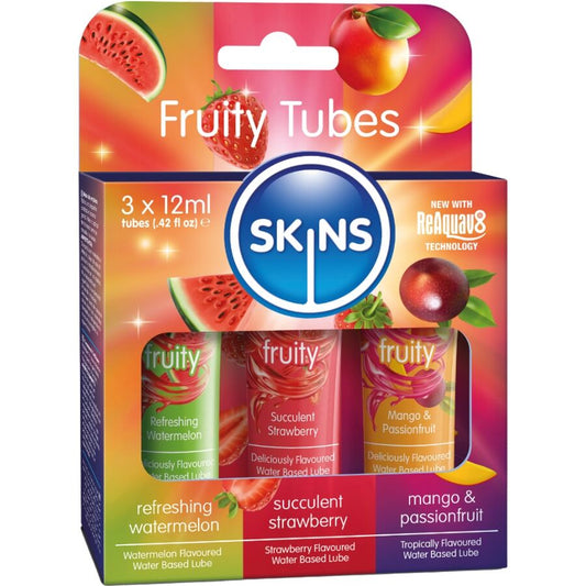 SKINS - KIT DE LUBRIFICANTES FRUTADOS: MELANCIA, MORANGO E MANGA - 3 x 12 ML