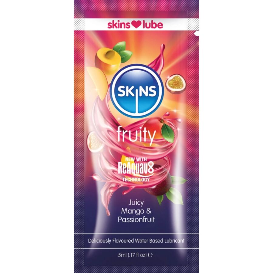 SKINS - LUBRIFICANTE À BASE DE ÁGUA COM SABOR FRUTADO DE MANGA E MARACUJÁ - DOSE ÚNICA DE 5 ML