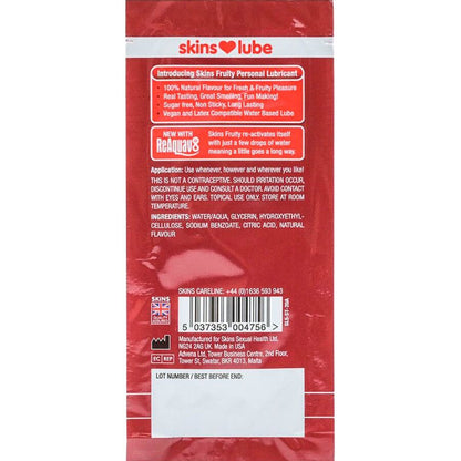 SKINS - LUBRIFICANTE À BASE DE ÁGUA COM SABOR FRUTADO DE MORANGO - DOSE ÚNICA DE 5 ML