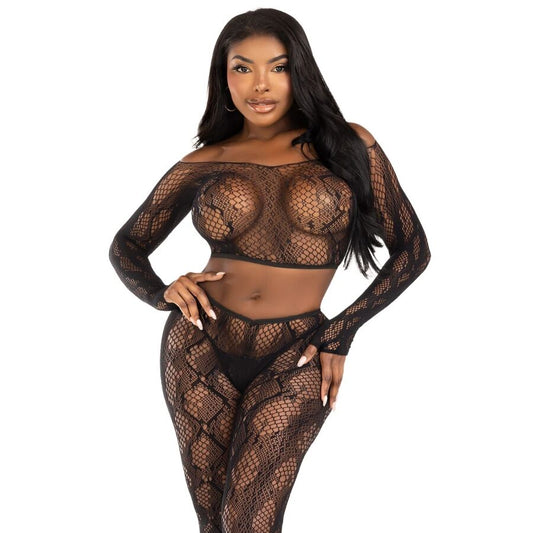 LEG AVENUE - 89373 TOP CROPPED COM ESTAMPA DE PYTHON E MEIA-CALÇA SEM PÉ PRETA - TAMANHO ÚNICO