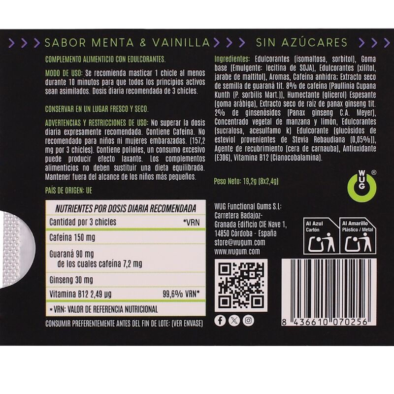 WUG ON - GOMA DE GUARANA FUNCIONAL COM CAFEÍNA, SABOR HORTELÃ E BAUNILHA, CARTELA COM 8 UNIDADES