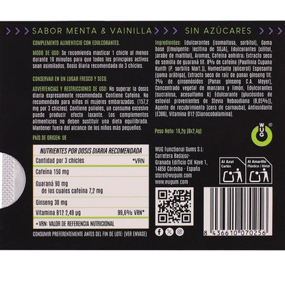 WUG ON - GOMA DE GUARANA FUNCIONAL COM CAFEÍNA, SABOR HORTELÃ E BAUNILHA, CARTELA COM 8 UNIDADES