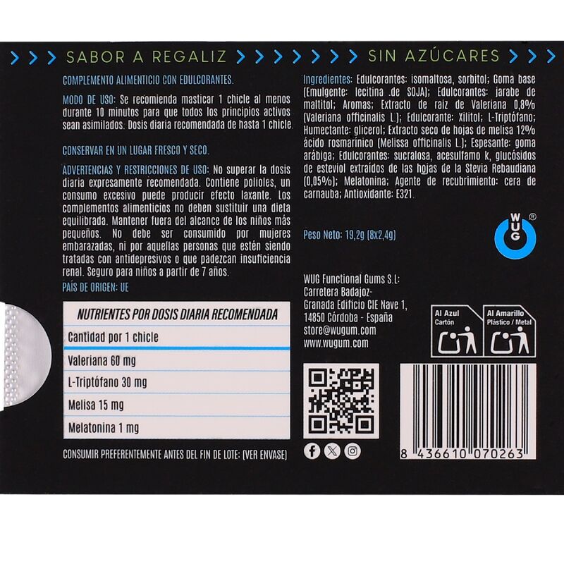WUG OFF - GOMA DE MASCAR FUNCIONAL COM MELATONINA E VALERIANA, SABOR ALCAÇUZ, CARTELA COM 8 UNIDADES