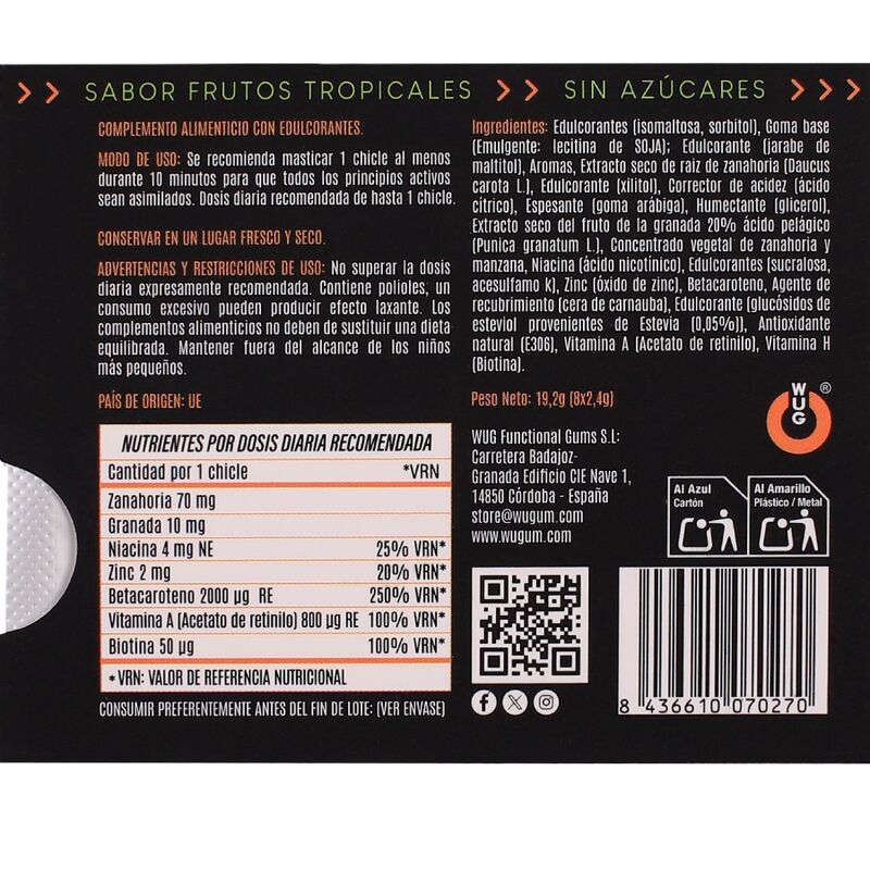 WUG SOLAR - GOMA DE MASCAR FUNCIONAL COM VITAMINAS E ZINCO, SABOR FRUTAS TROPICAIS, EM CARTELA COM 8 UNIDADES
