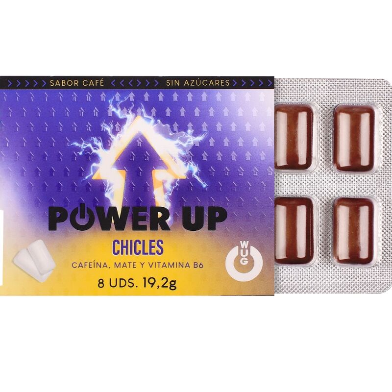 WUG POWER UP – GOMA DE MASCAR FUNCIONAL COM CAFEÍNA E SABOR DE CAFÉ MATE, EM CARTELA COM 8 UNIDADES