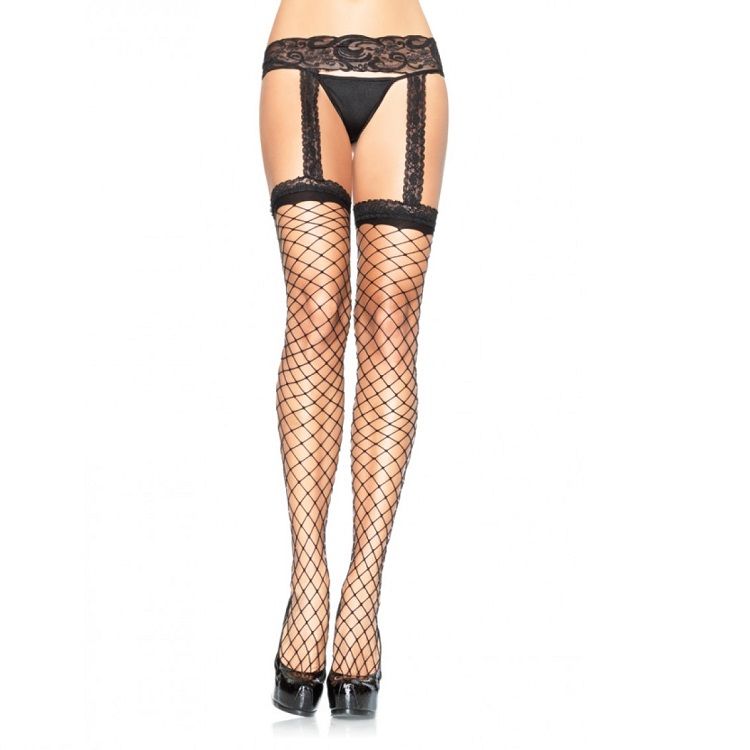 LEG AVENUE - Fishnet Stockings with Black Lace Garter