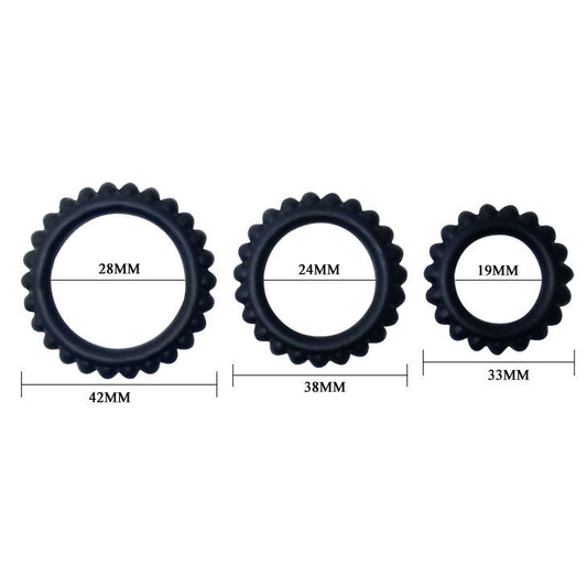 BAILE - TITAN SET DE 3 ANILLOS PARA PENE NEGROS 2.8 + 2.4 + 1.9 CM
