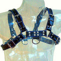 Leather Body - Arnés de cuero azul y negro para bulldog de pecho