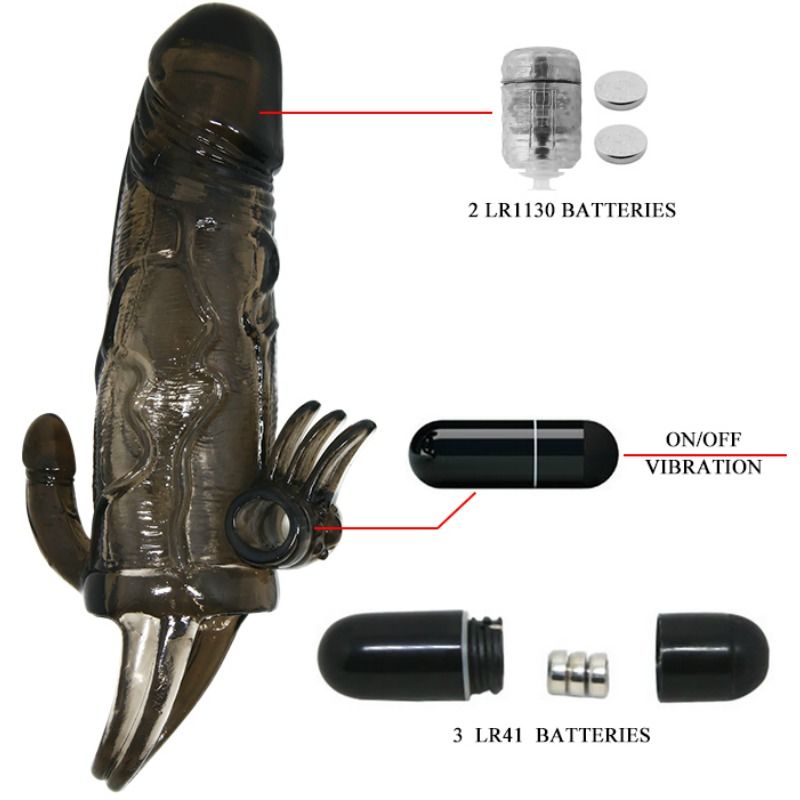 BAILE - BRAVE MAN PENIS COVER WITH CLITORAL AND ANAL STIMULATION DOUBLE BLACK BULLET 16.5 CM