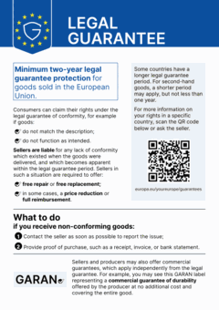 EU legal guarantee notice: minimum two-year legal guarantee protection for goods sold in the European Union. Sellers are liable for any lack of conformity and must offer free repair or replacement, or in some cases a price reduction or full refund. Some countries have a longer legal guarantee period.