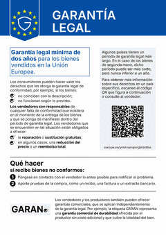 Aviso de la UE sobre la garantía legal: protección mínima de dos años para los bienes vendidos en la Unión Europea. Los vendedores son responsables de cualquier falta de conformidad y están obligados a ofrecer la reparación o sustitución gratuita y, en algunos casos, una reducción del precio o el reembolso íntegro. Algunos países tienen un periodo de garantía legal más largo.