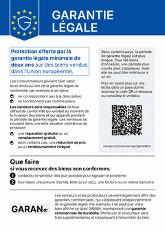 Avis de l’UE sur la garantie légale : protection minimale de deux ans pour les biens vendus dans l’Union européenne. Les vendeurs sont responsables de tout défaut de conformité et doivent proposer la réparation ou le remplacement gratuit et, dans certains cas, une réduction du prix ou le remboursement intégral. Certains pays prévoient une période de garantie légale plus longue.