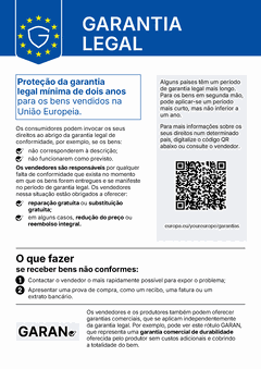 Aviso da UE sobre a garantia legal: proteção da garantia legal mínima de dois anos para os bens vendidos na União Europeia. Os vendedores são responsáveis por qualquer falta de conformidade e estão obrigados a oferecer reparação ou substituição gratuita e, em alguns casos, redução do preço ou reembolso integral. Alguns países têm um período de garantia legal mais longo.